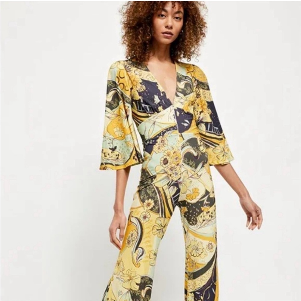 Free People Night Fever Yellow Wide-Leg Jumpsuit NWT